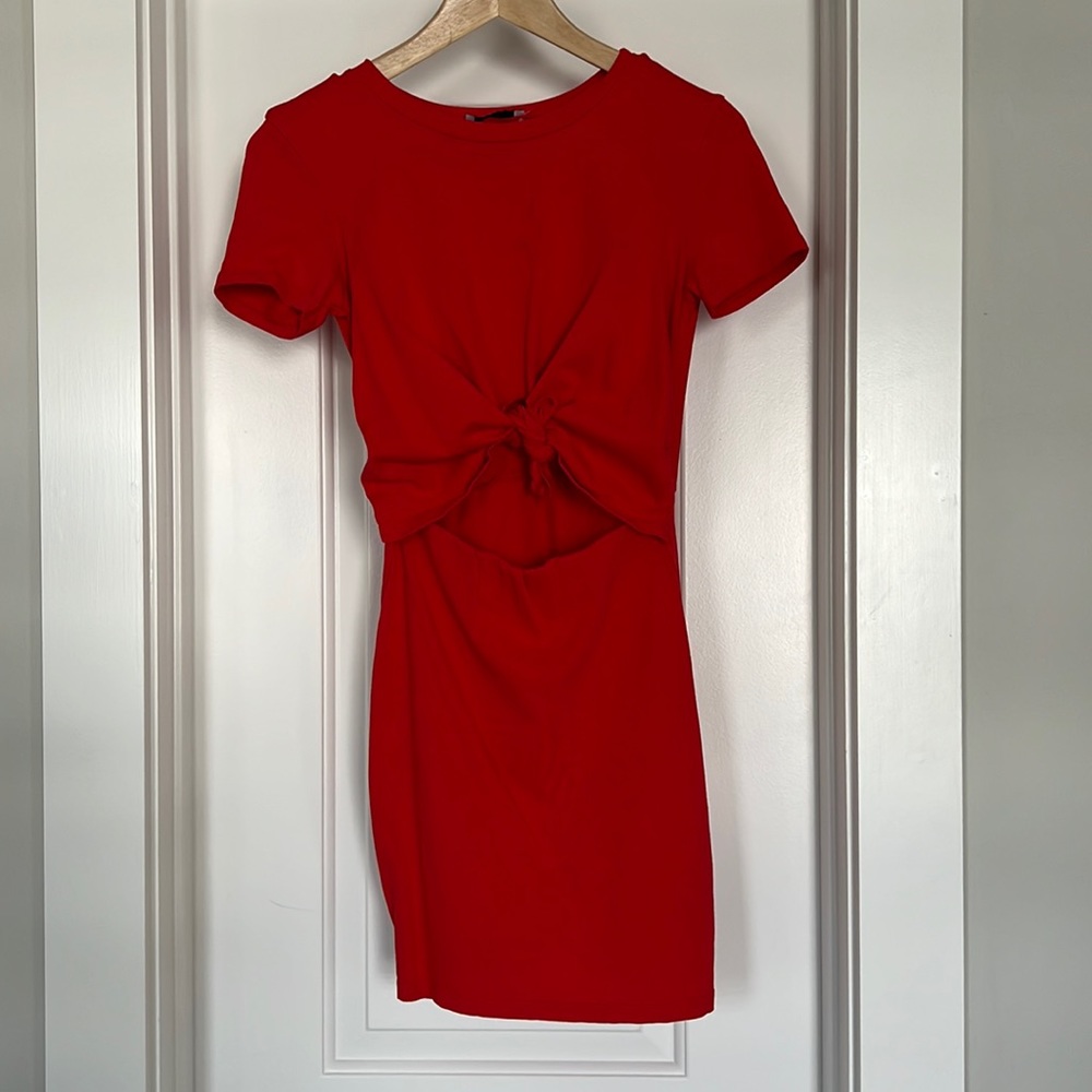Zara Red Orange Bodycon Front Tie Dress